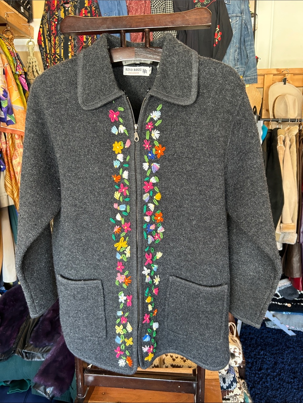 Rino Rossi Vintage Charcoal Teddy Jacket with Multicolor Floral Embroidery